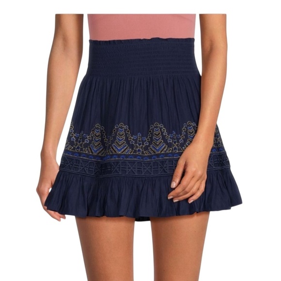 Ramy Brook Blue Bubble Mini Skirt with Smocked Ruffles - Picture 1 of 5